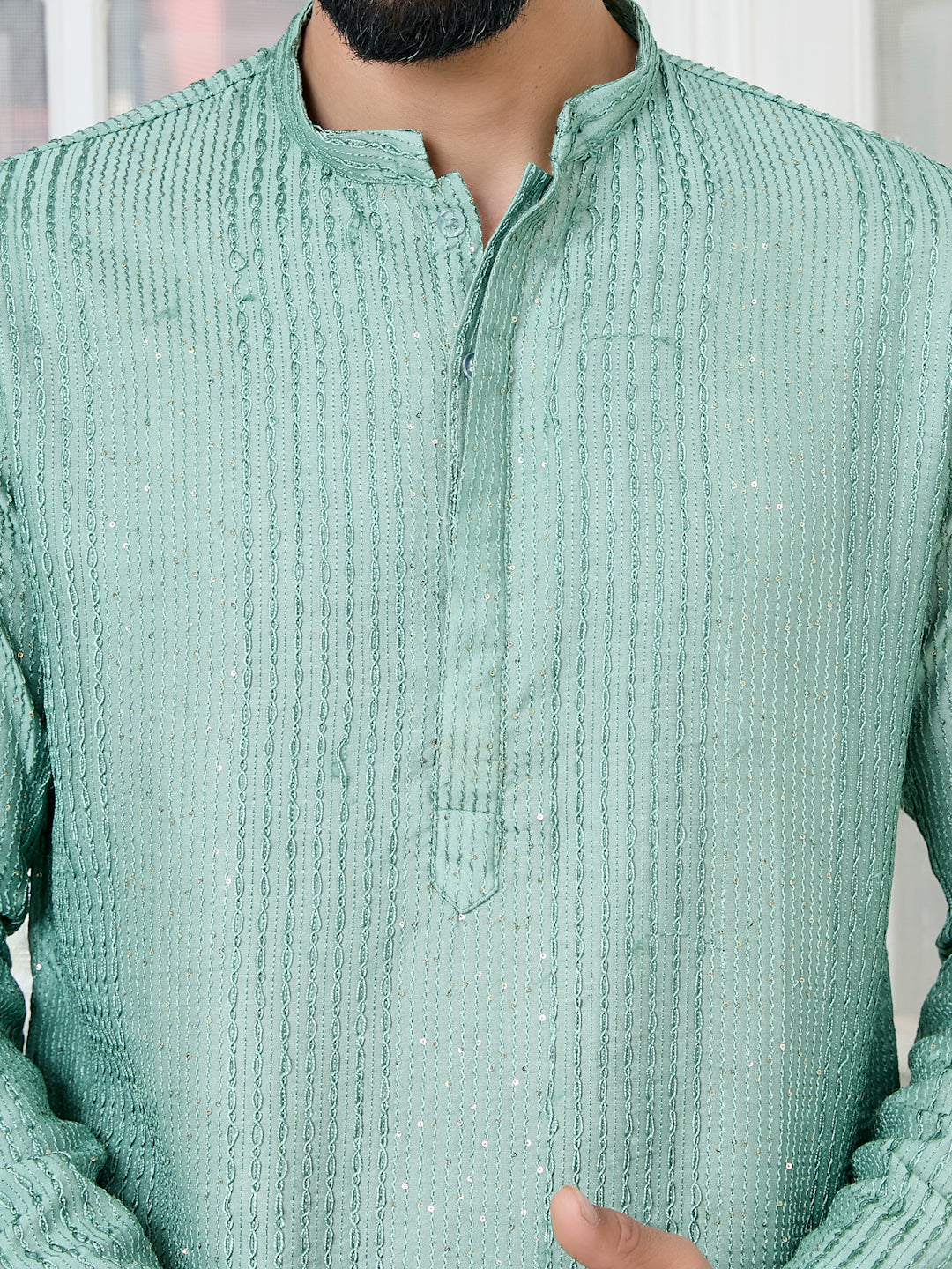 Pastel Green Embroidered Thread Work Sequinned Chanderi Silk Straight Kurta with Pyjama