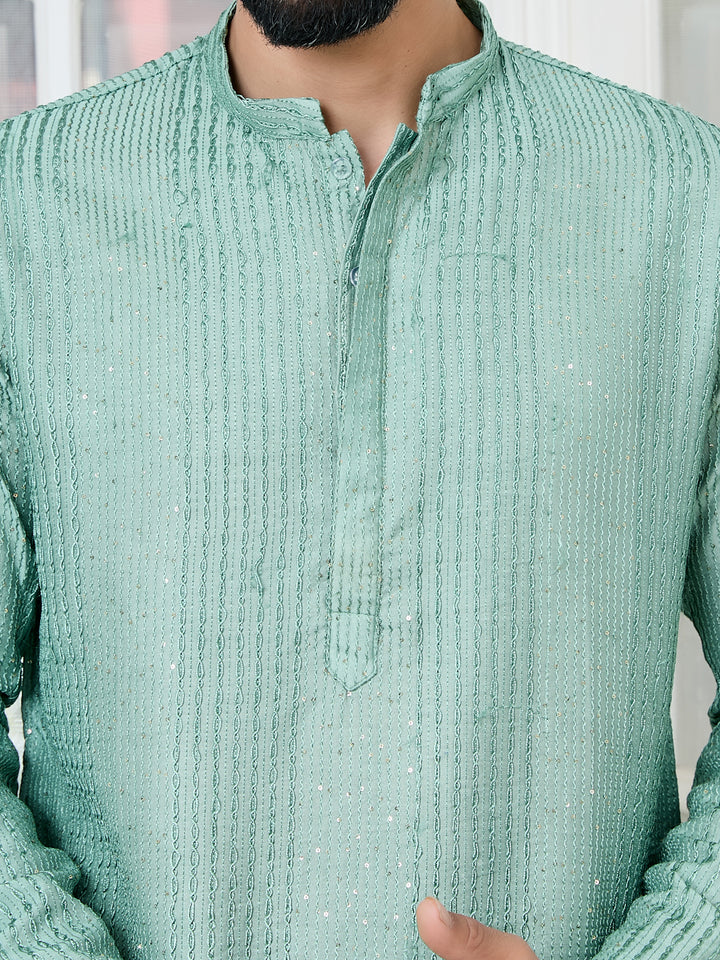 Pastel Green Embroidered Thread Work Sequinned Chanderi Silk Straight Kurta with Pyjama