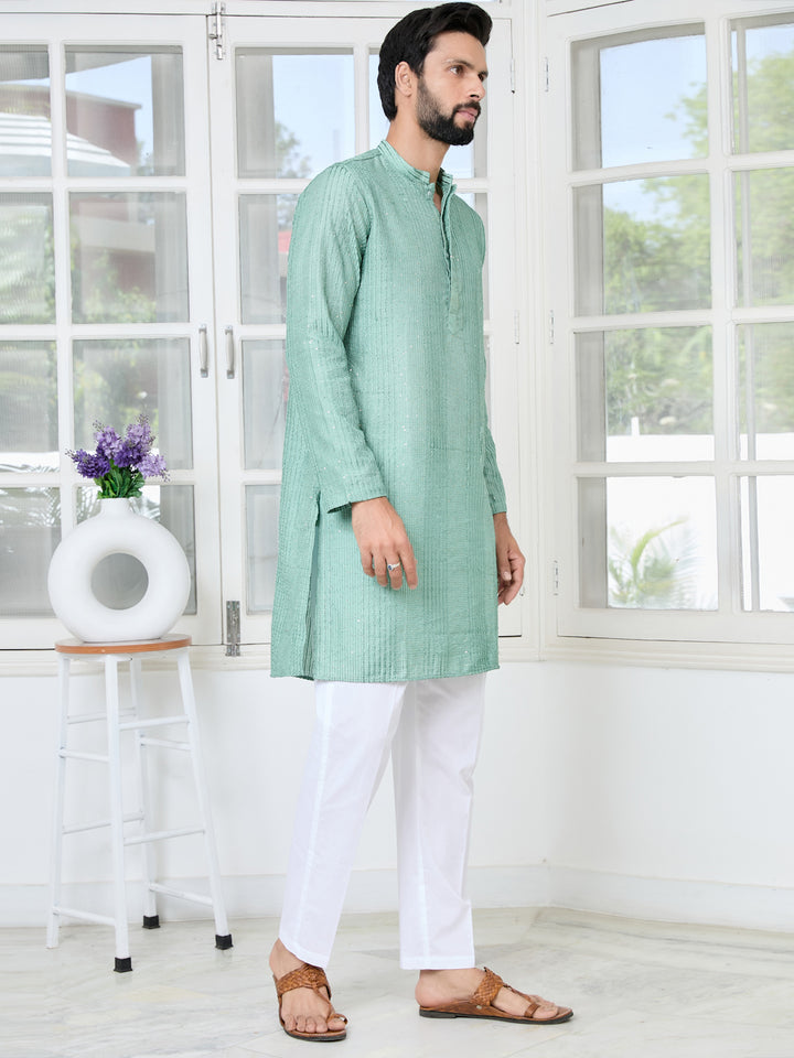 Pastel Green Embroidered Thread Work Sequinned Chanderi Silk Straight Kurta with Pyjama