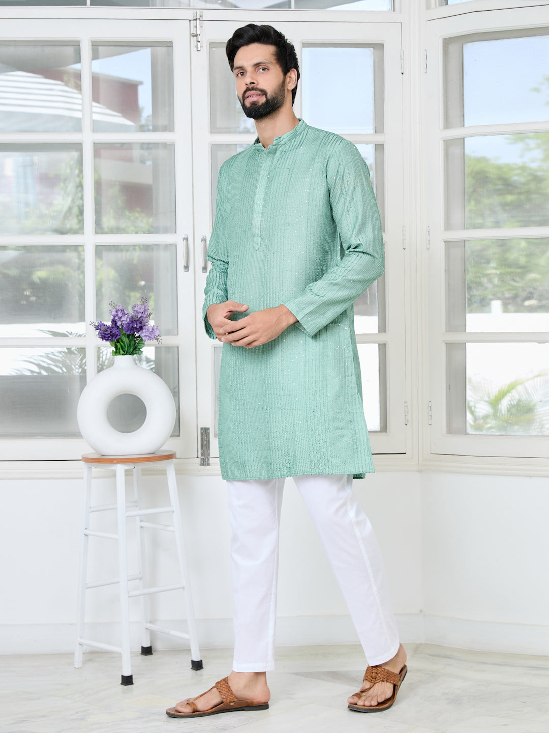Pastel Green Embroidered Thread Work Sequinned Chanderi Silk Straight Kurta with Pyjama