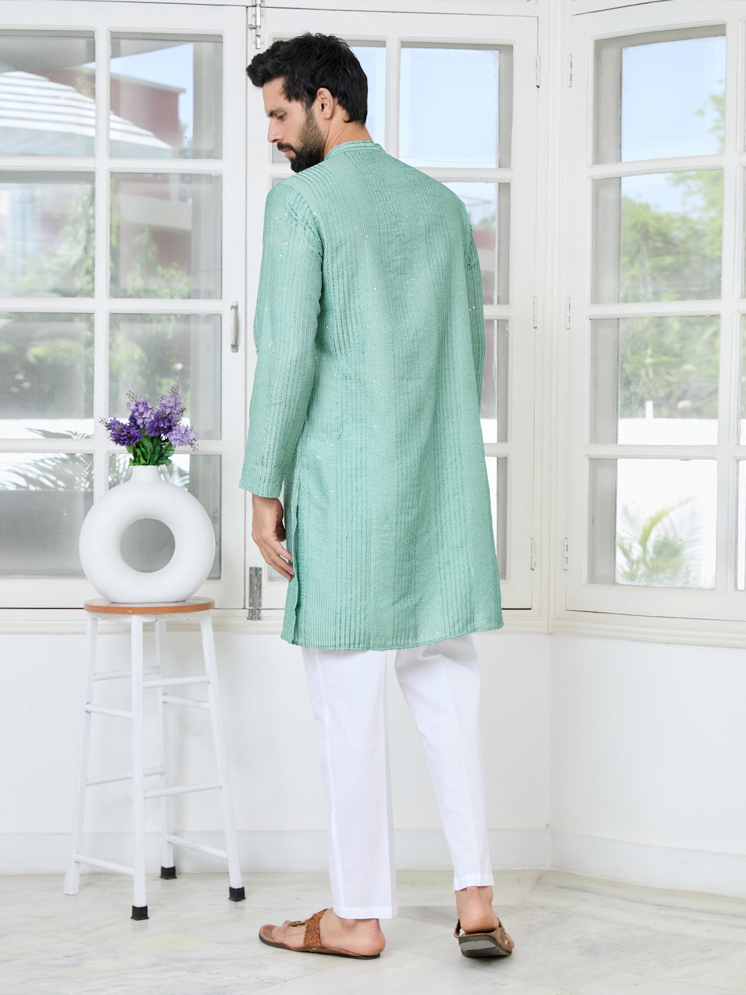 Pastel Green Embroidered Thread Work Sequinned Chanderi Silk Straight Kurta with Pyjama
