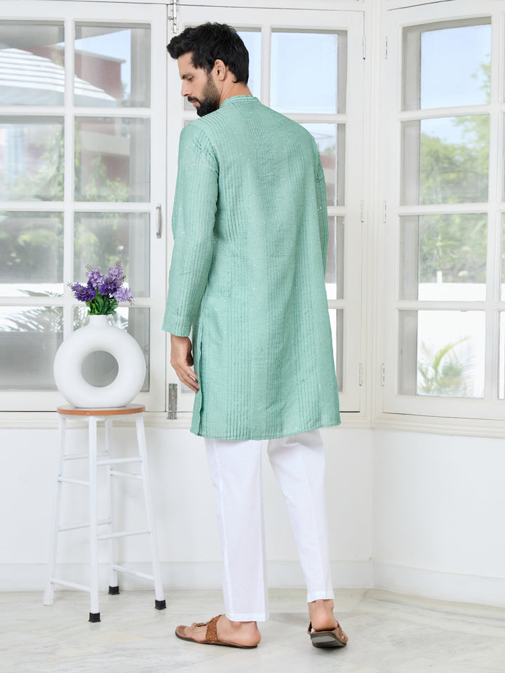 Pastel Green Embroidered Thread Work Sequinned Chanderi Silk Straight Kurta with Pyjama