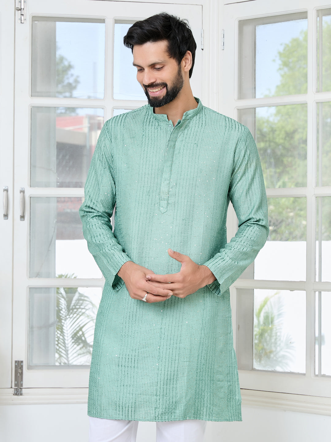 Pastel Green Embroidered Thread Work Sequinned Chanderi Silk Straight Kurta with Pyjama