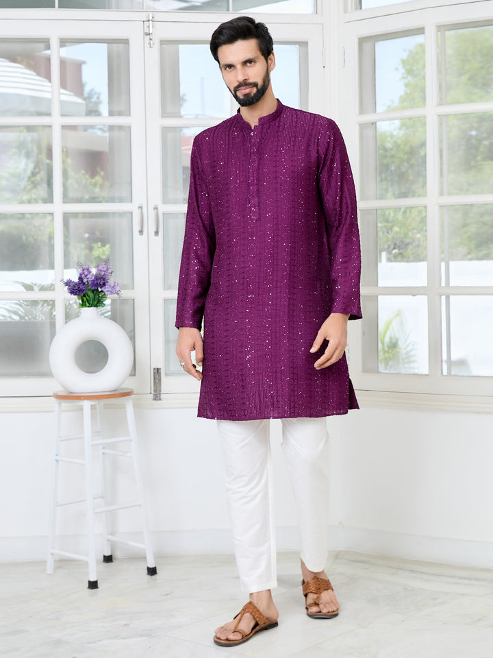 Purple Embroidered Thread Work Sequinned Chanderi Silk Straight Kurta with Pyjama