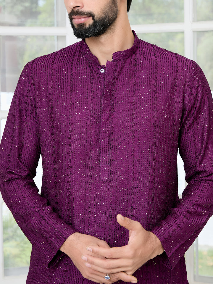 Purple Embroidered Thread Work Sequinned Chanderi Silk Straight Kurta with Pyjama