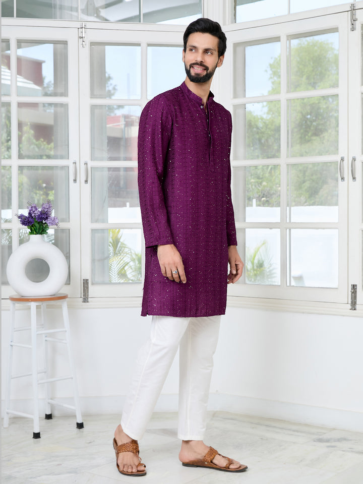 Purple Embroidered Thread Work Sequinned Chanderi Silk Straight Kurta with Pyjama