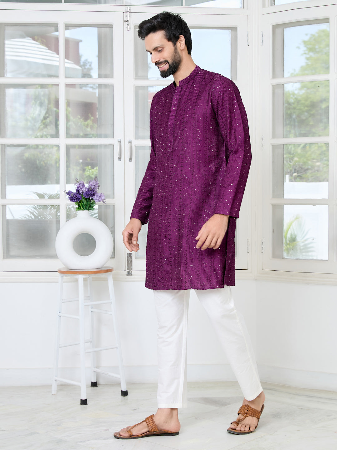 Purple Embroidered Thread Work Sequinned Chanderi Silk Straight Kurta with Pyjama