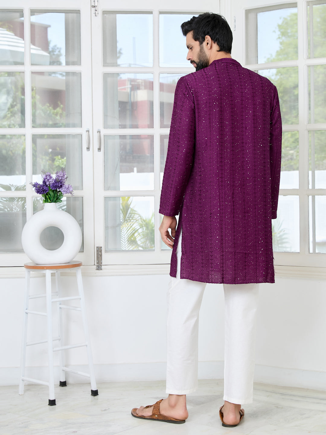 Purple Embroidered Thread Work Sequinned Chanderi Silk Straight Kurta with Pyjama