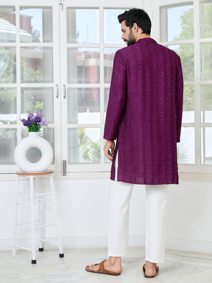 Purple Embroidered Thread Work Sequinned Chanderi Silk Straight Kurta with Pyjama