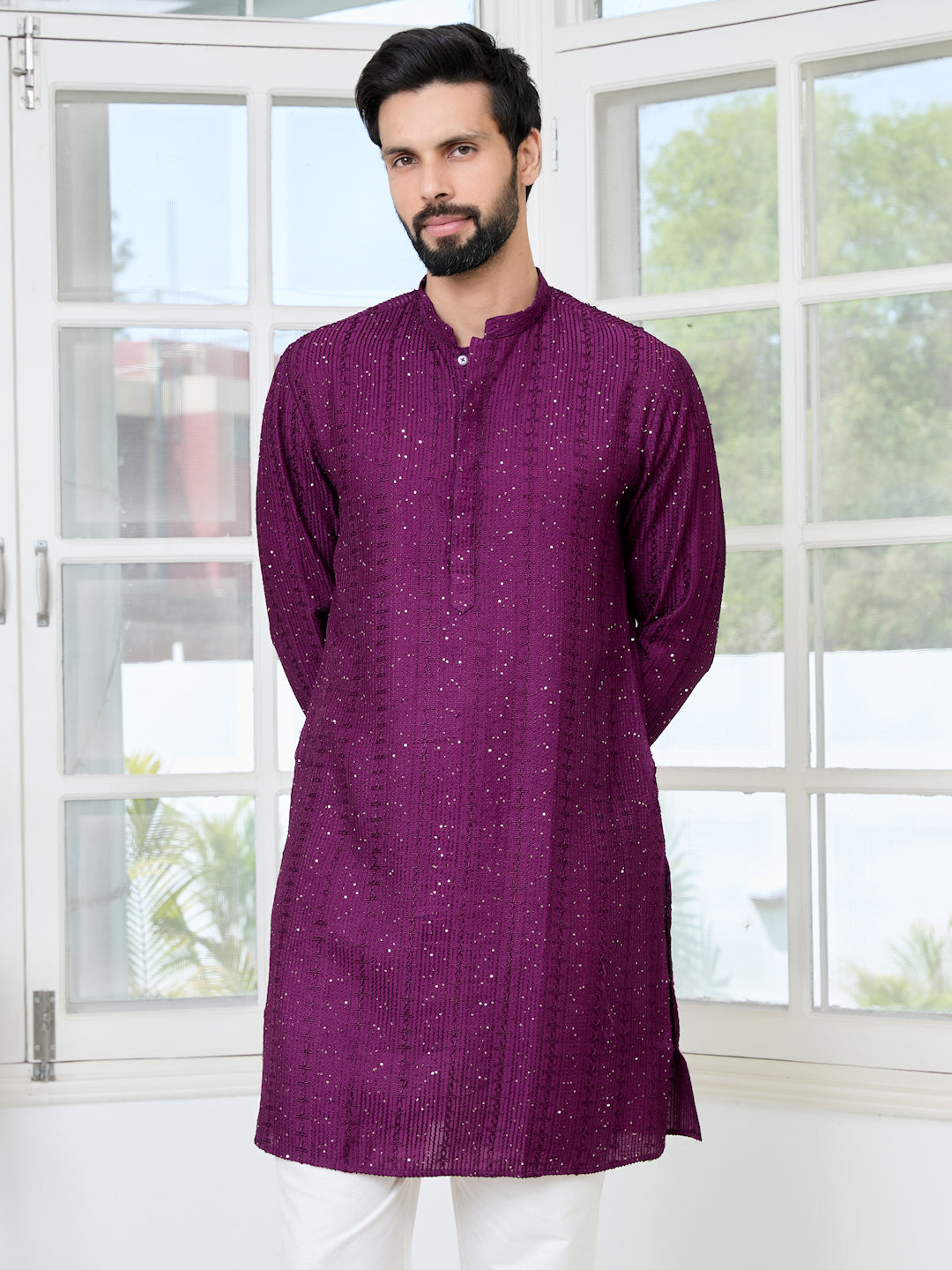 Purple Embroidered Thread Work Sequinned Chanderi Silk Straight Kurta with Pyjama