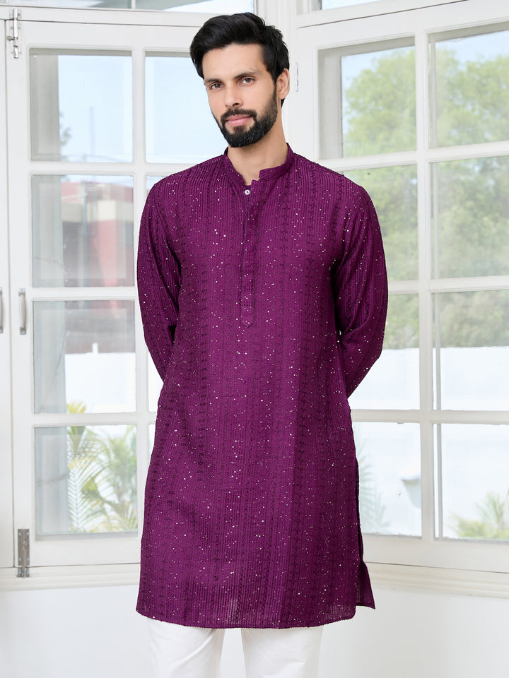 Purple Embroidered Thread Work Sequinned Chanderi Silk Straight Kurta with Pyjama