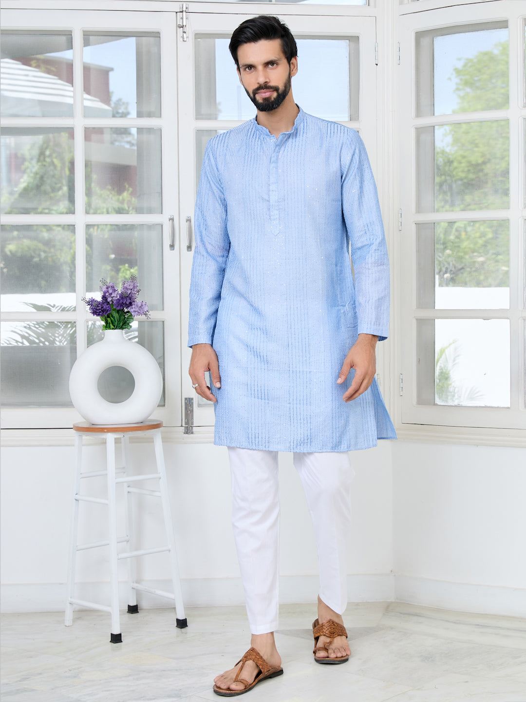 Light Blue Embroidered Thread Work Sequinned Chanderi Silk Straight Kurta with Pyjama