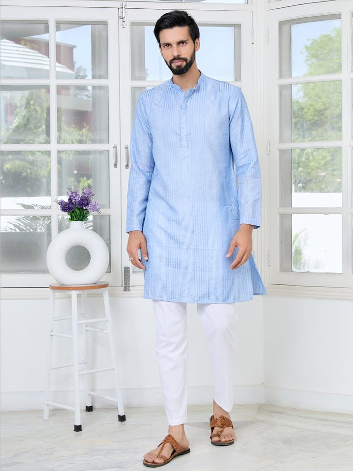 Light Blue Embroidered Thread Work Sequinned Chanderi Silk Straight Kurta with Pyjama