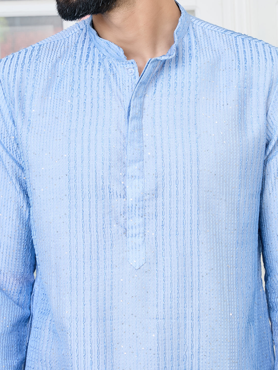 Light Blue Embroidered Thread Work Sequinned Chanderi Silk Straight Kurta with Pyjama