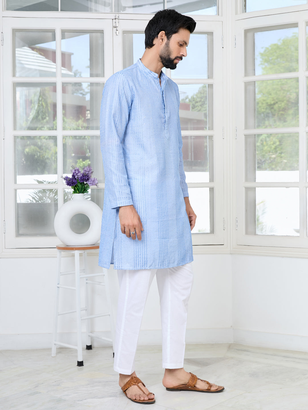 Light Blue Embroidered Thread Work Sequinned Chanderi Silk Straight Kurta with Pyjama