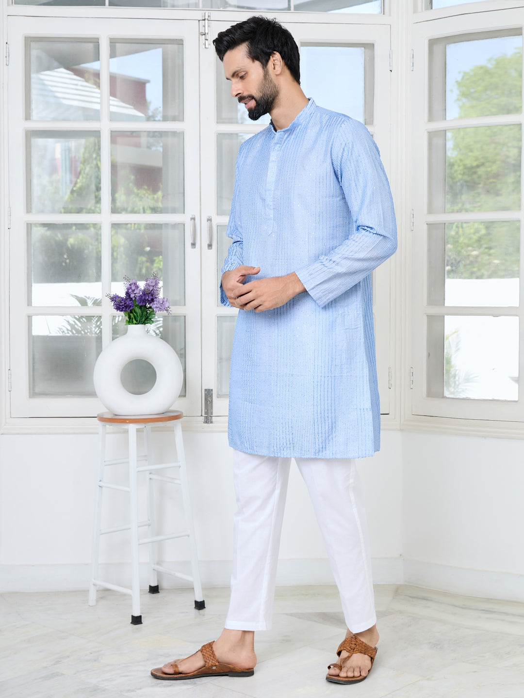 Light Blue Embroidered Thread Work Sequinned Chanderi Silk Straight Kurta with Pyjama