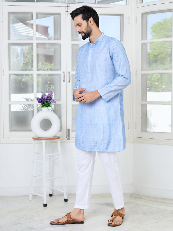 Light Blue Embroidered Thread Work Sequinned Chanderi Silk Straight Kurta with Pyjama