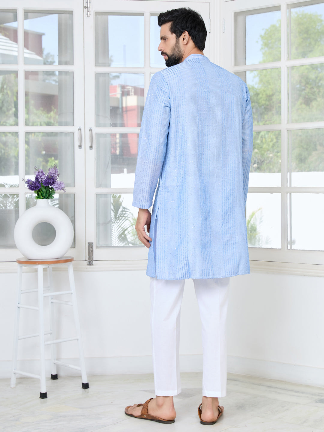 Light Blue Embroidered Thread Work Sequinned Chanderi Silk Straight Kurta with Pyjama