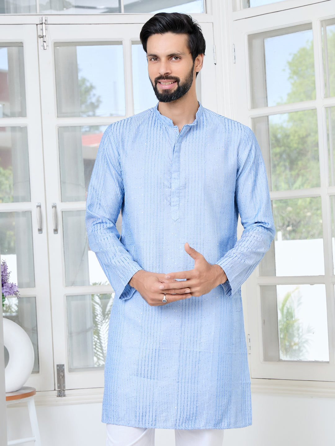 Light Blue Embroidered Thread Work Sequinned Chanderi Silk Straight Kurta with Pyjama