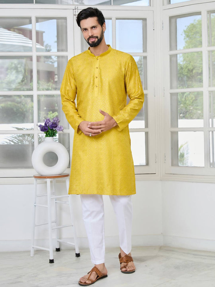 Yellow Embroidered Thread Work Sequinned Chanderi Silk Straight Kurta with Pyjama