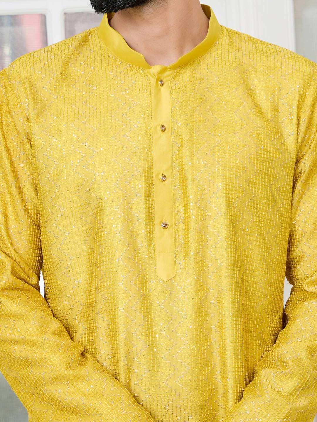 Yellow Embroidered Thread Work Sequinned Chanderi Silk Straight Kurta with Pyjama