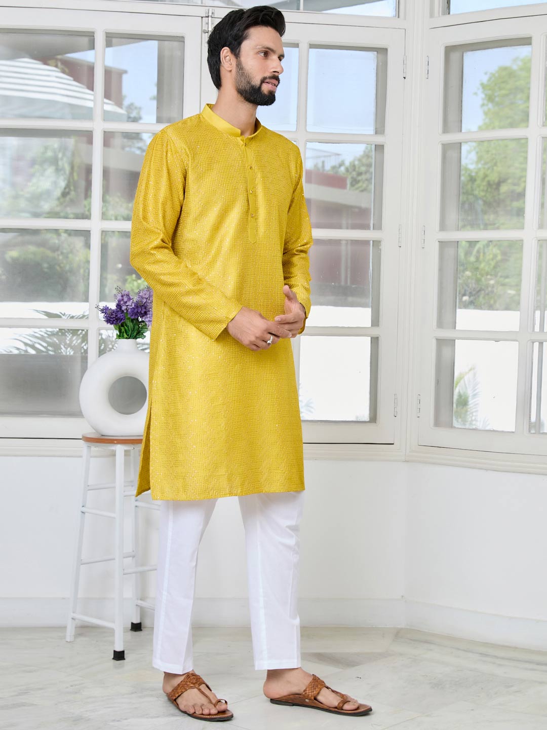 Yellow Embroidered Thread Work Sequinned Chanderi Silk Straight Kurta with Pyjama