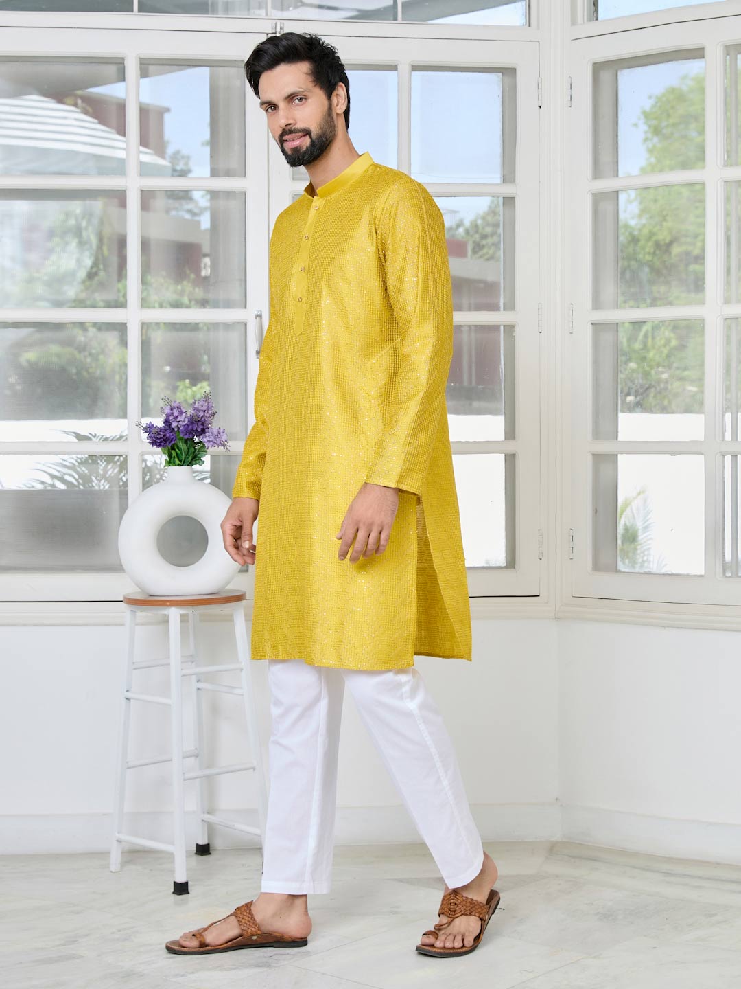 Yellow Embroidered Thread Work Sequinned Chanderi Silk Straight Kurta with Pyjama