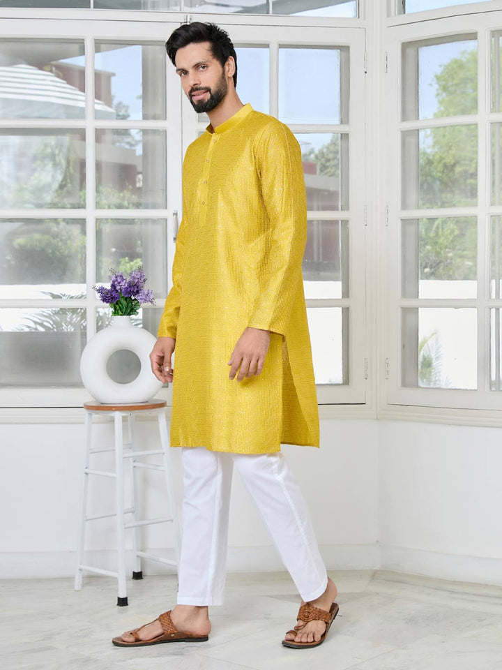 Yellow Embroidered Thread Work Sequinned Chanderi Silk Straight Kurta with Pyjama