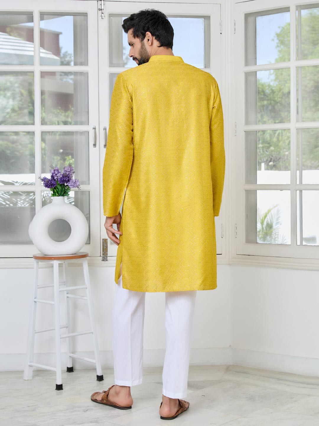 Yellow Embroidered Thread Work Sequinned Chanderi Silk Straight Kurta with Pyjama