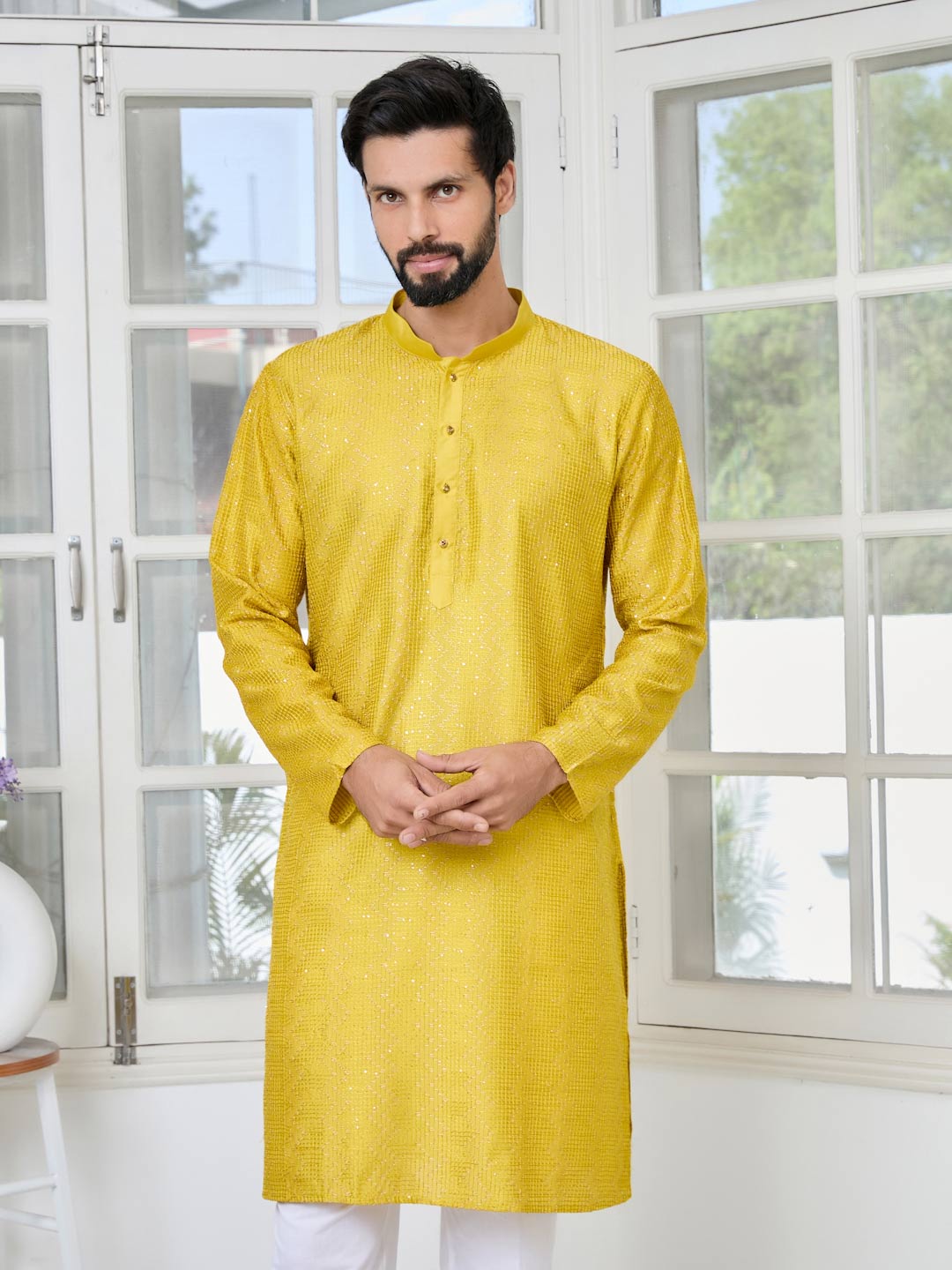 Yellow Embroidered Thread Work Sequinned Chanderi Silk Straight Kurta with Pyjama