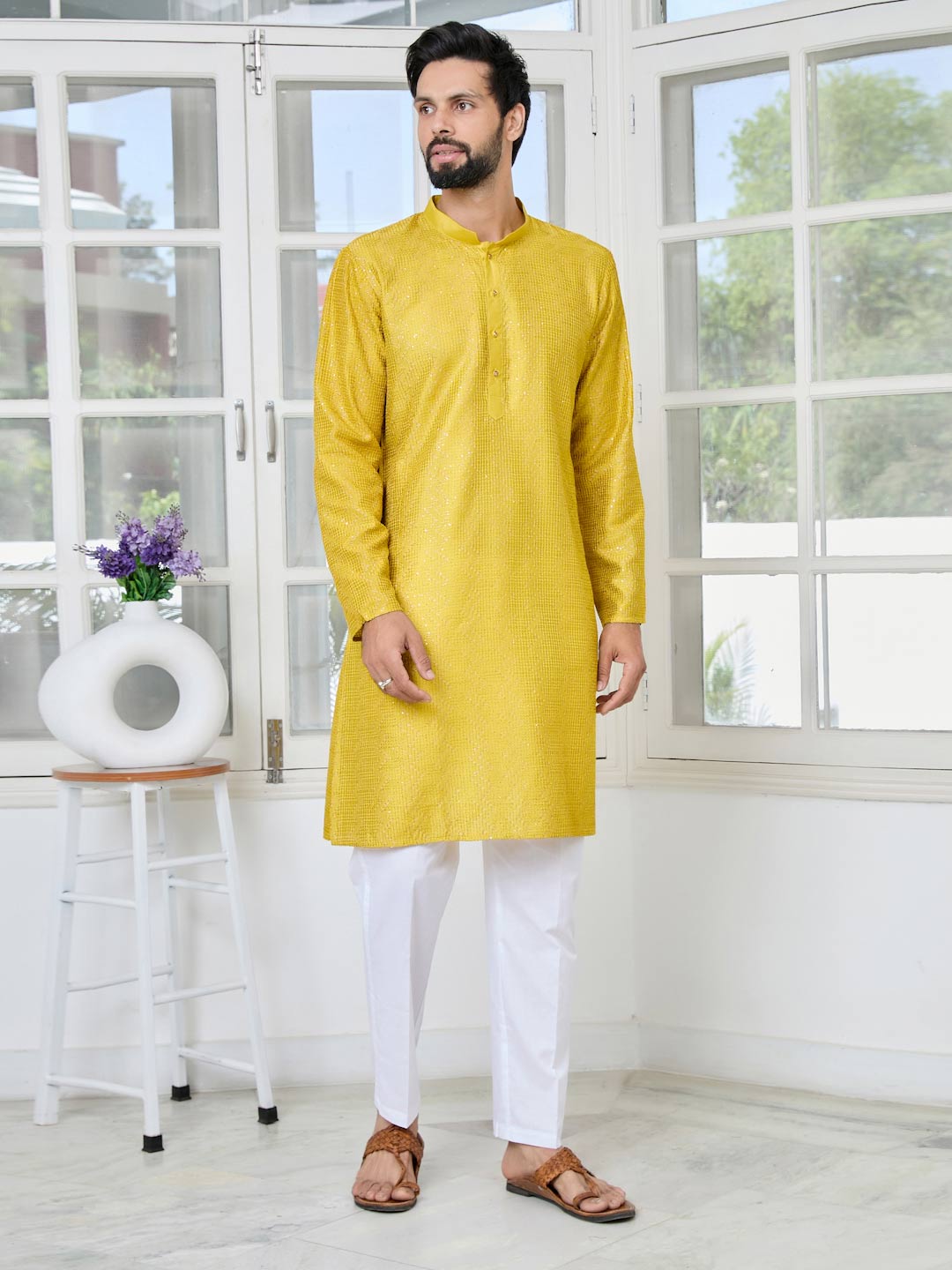 Yellow Embroidered Thread Work Sequinned Chanderi Silk Straight Kurta with Pyjama