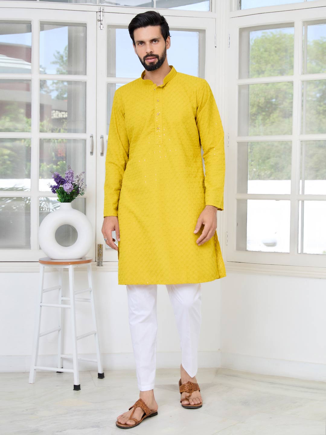 Men's Yellow Embroidered Thread Work Sequinned Rayon Straight Kurta with Pyjama