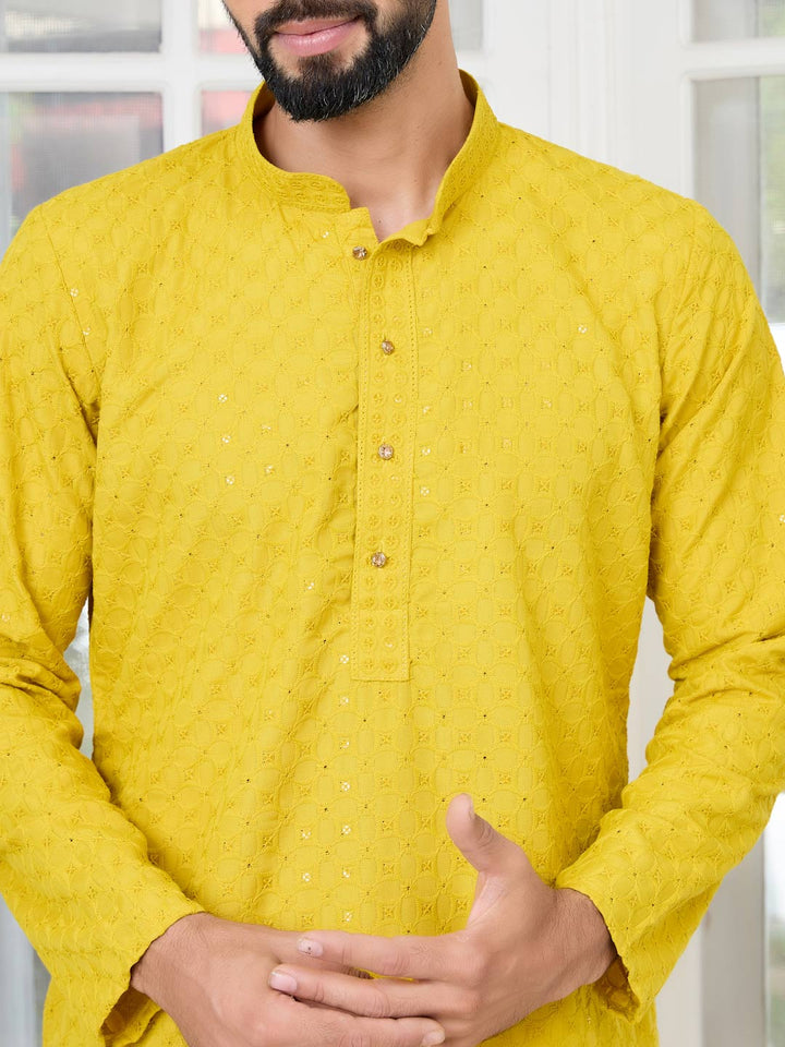 Men's Yellow Embroidered Thread Work Sequinned Rayon Straight Kurta with Pyjama