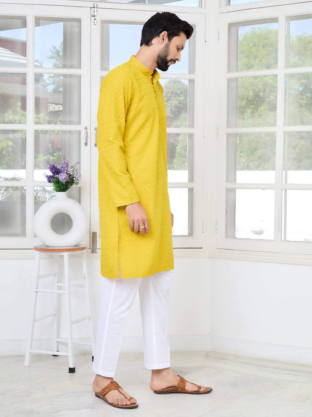 Men's Yellow Embroidered Thread Work Sequinned Rayon Straight Kurta with Pyjama