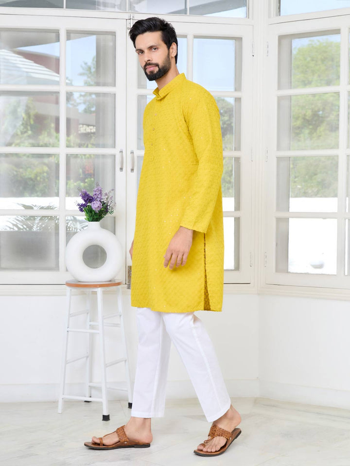 Men's Yellow Embroidered Thread Work Sequinned Rayon Straight Kurta with Pyjama