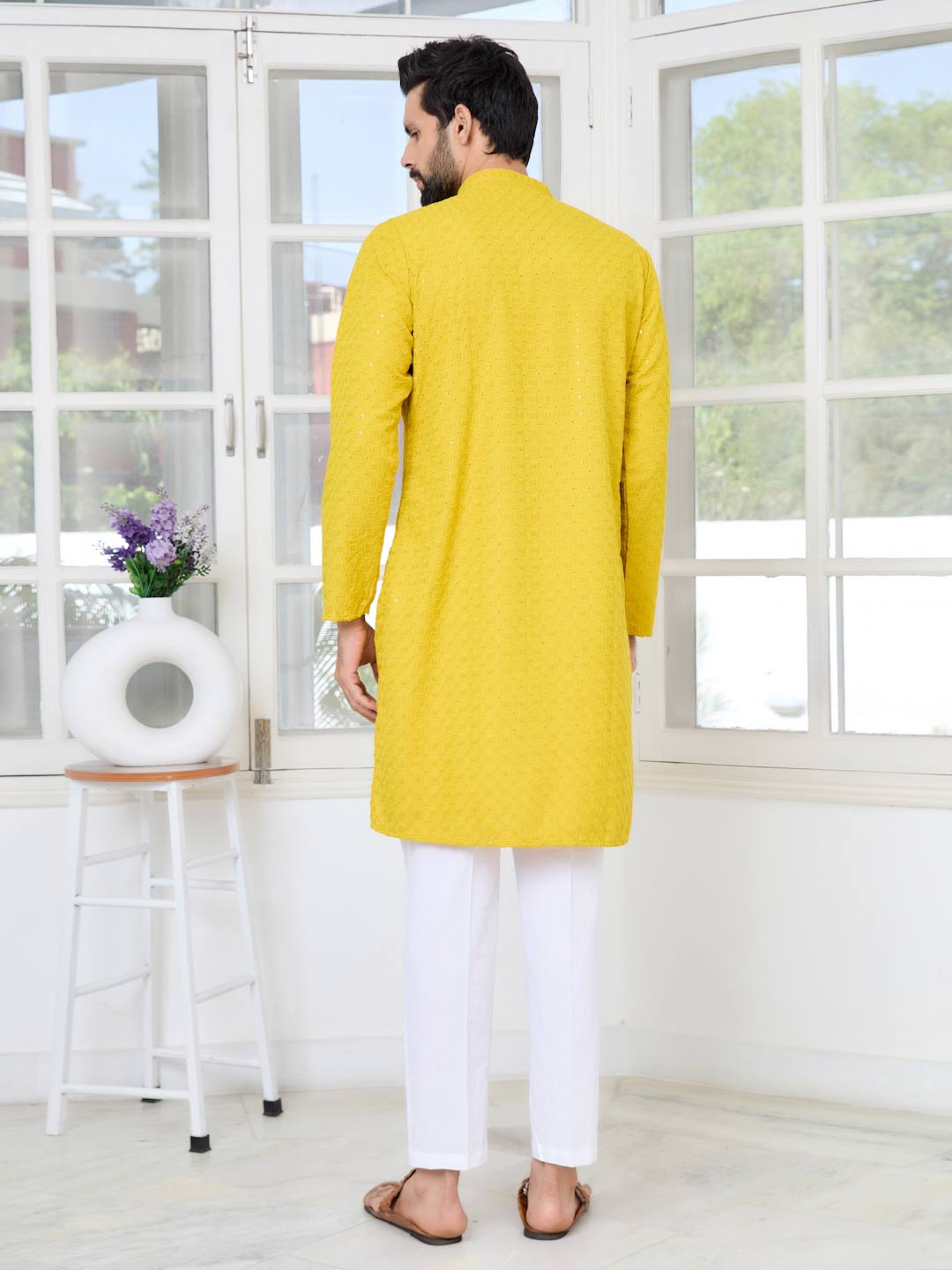 Men's Yellow Embroidered Thread Work Sequinned Rayon Straight Kurta with Pyjama