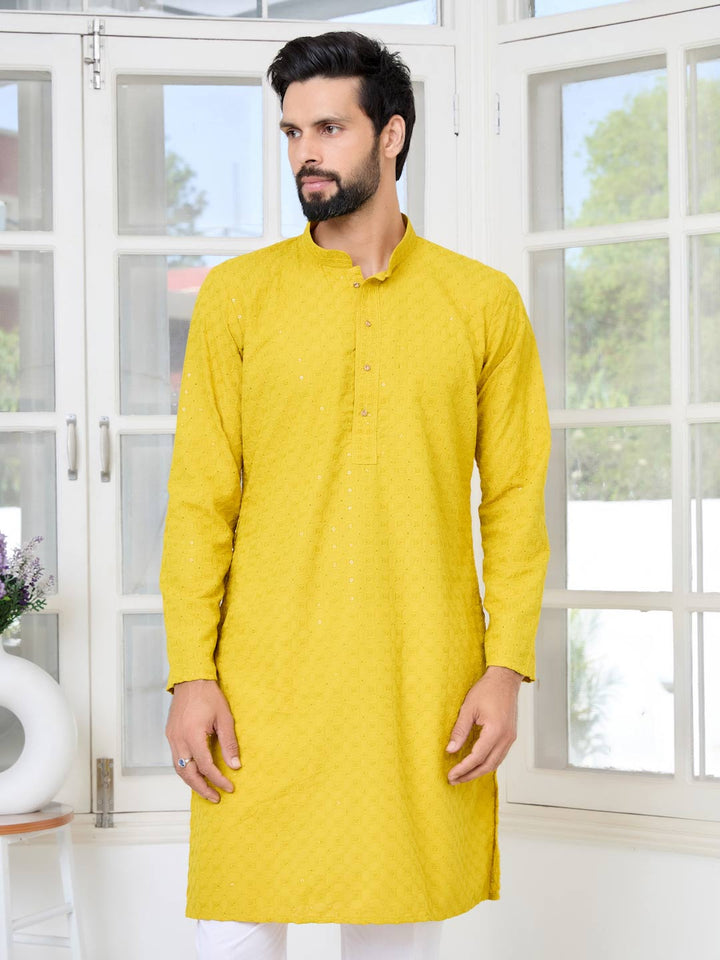 Men's Yellow Embroidered Thread Work Sequinned Rayon Straight Kurta with Pyjama
