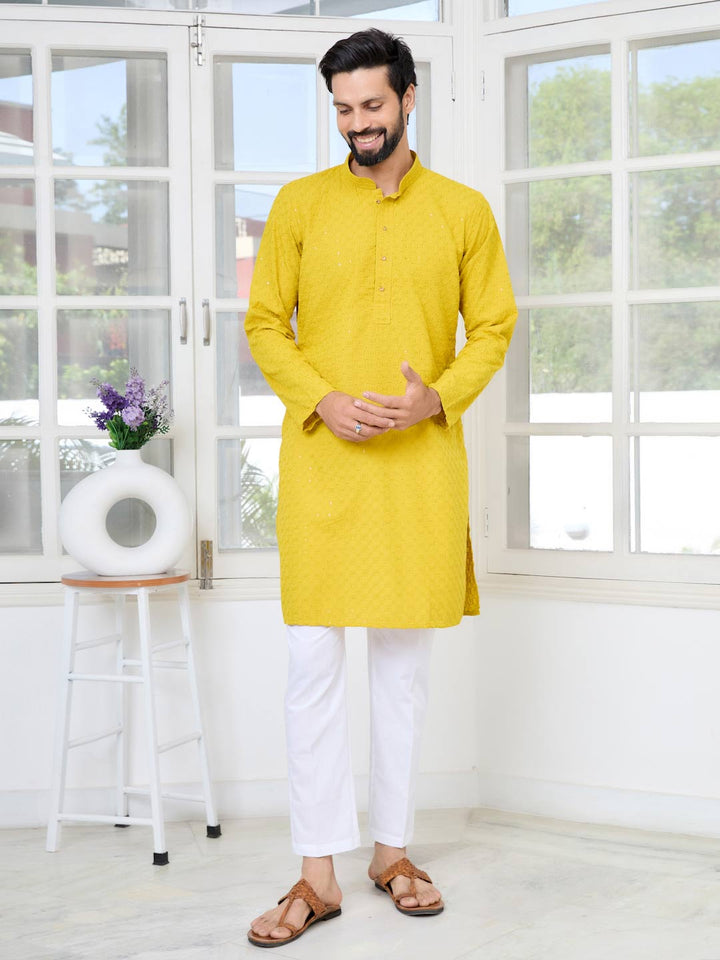 Men's Yellow Embroidered Thread Work Sequinned Rayon Straight Kurta with Pyjama
