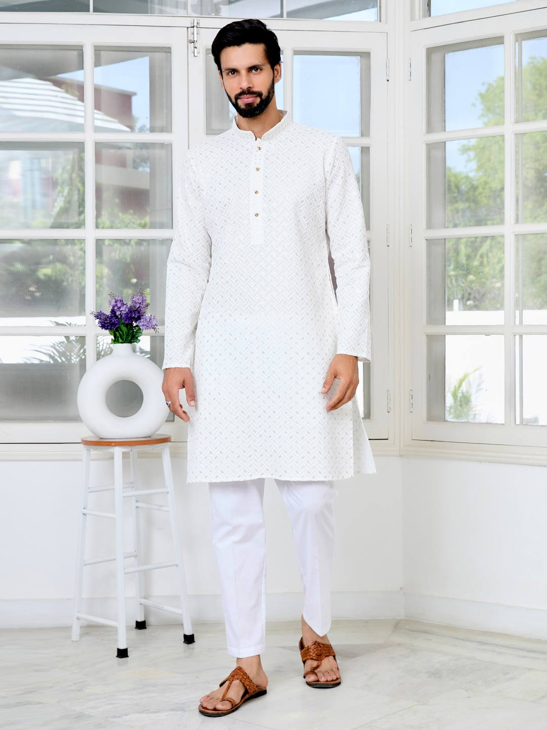 Men's White Embroidered Thread Work Sequinned Rayon Straight Kurta with Pyjama