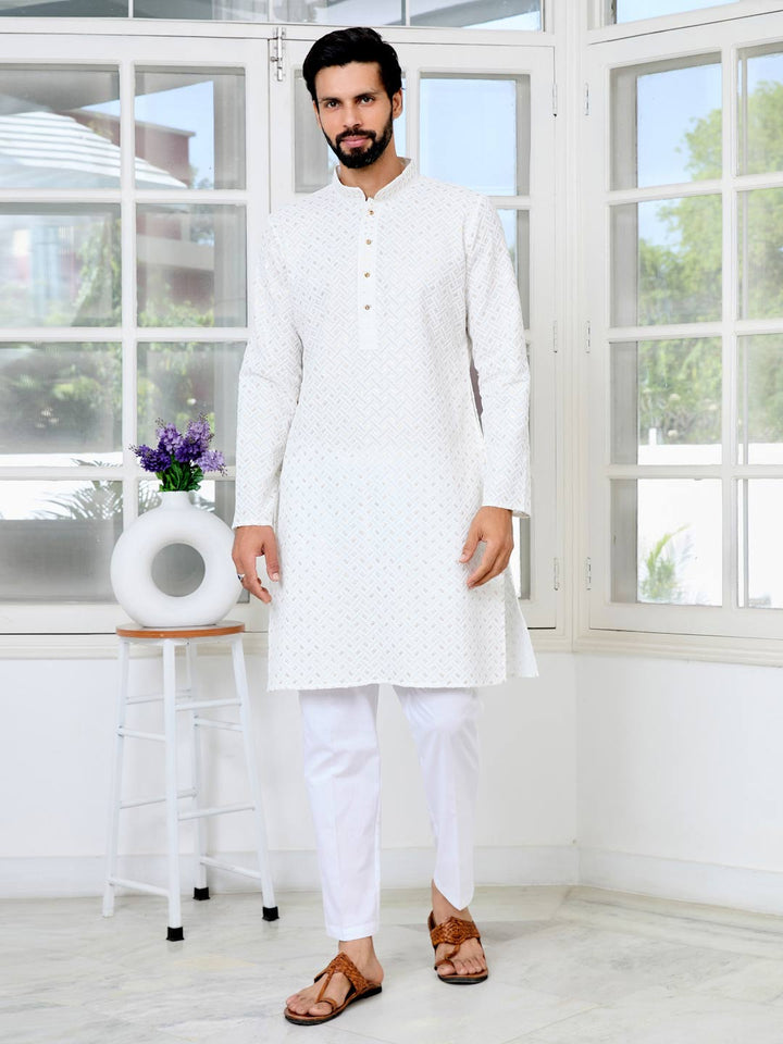 Men's White Embroidered Thread Work Sequinned Rayon Straight Kurta with Pyjama