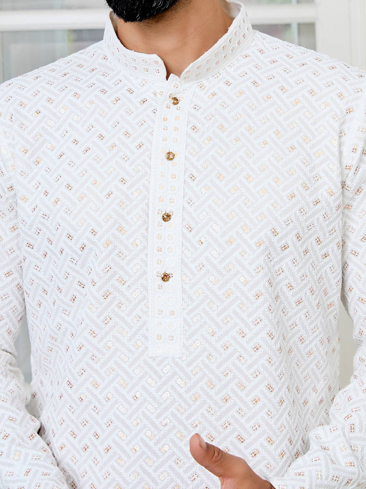 Men's White Embroidered Thread Work Sequinned Rayon Straight Kurta with Pyjama