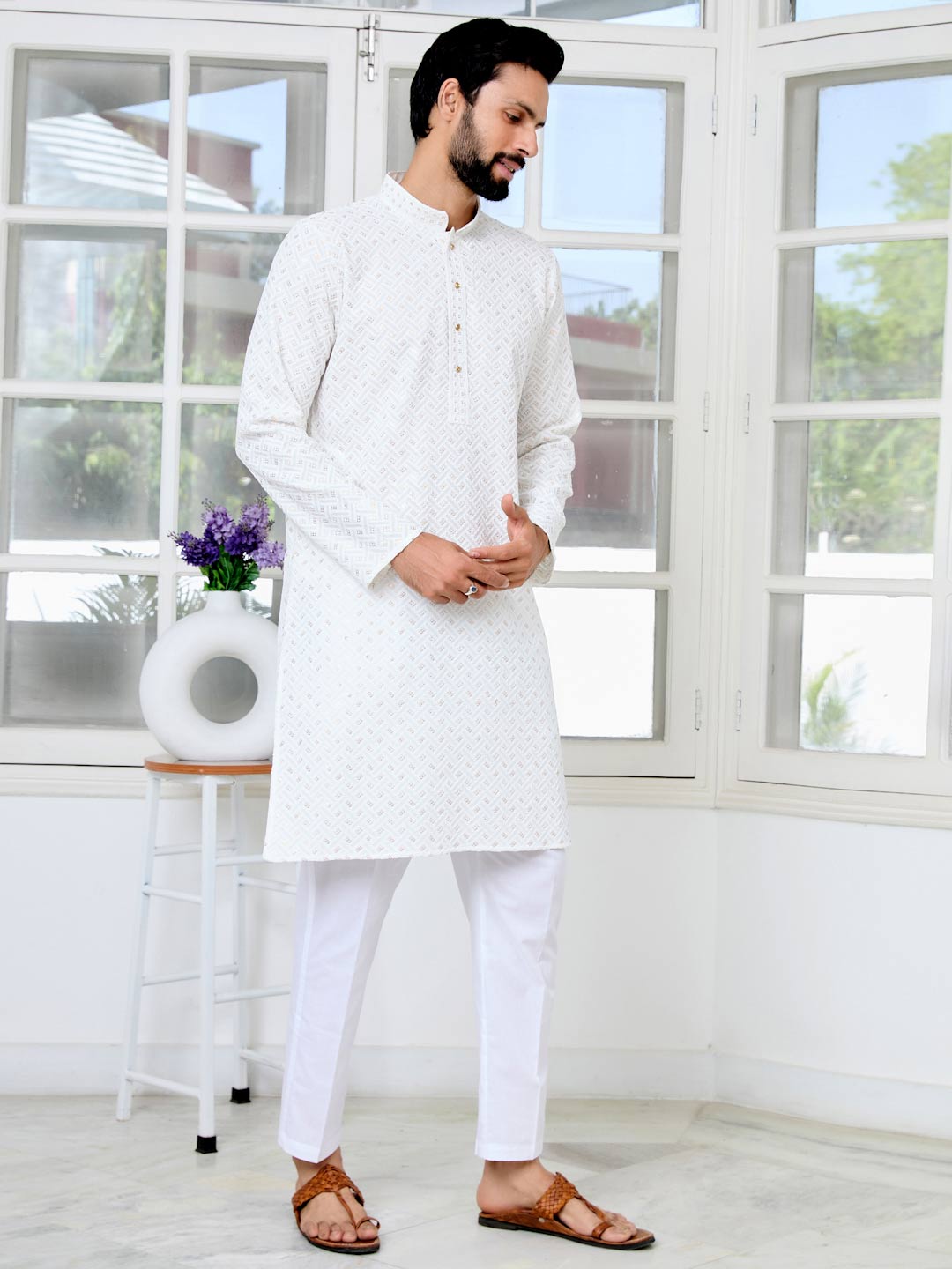 Men's White Embroidered Thread Work Sequinned Rayon Straight Kurta with Pyjama