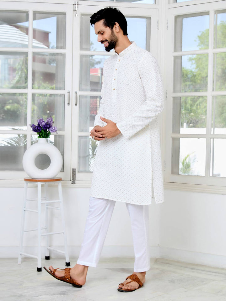Men's White Embroidered Thread Work Sequinned Rayon Straight Kurta with Pyjama