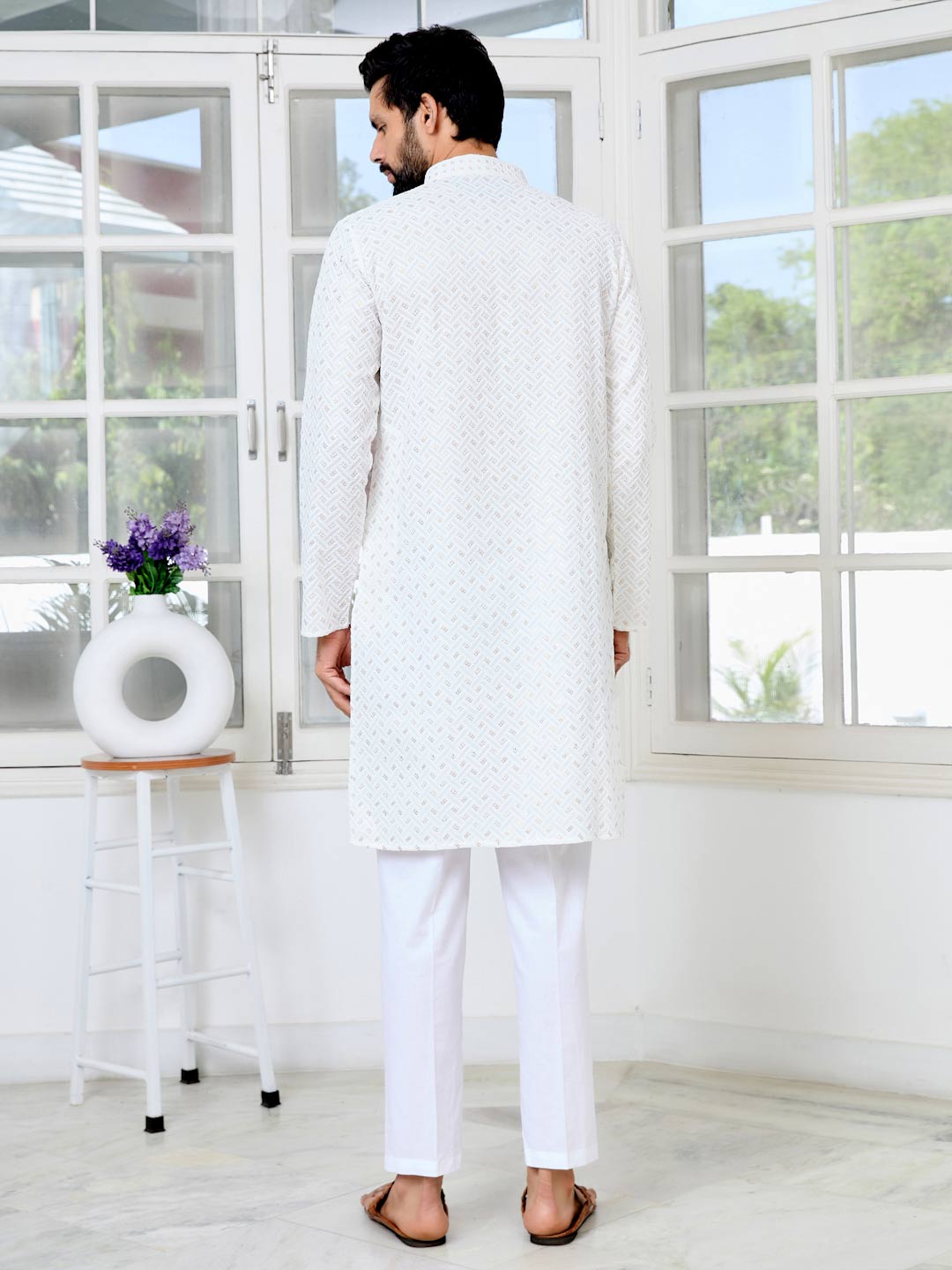 Men's White Embroidered Thread Work Sequinned Rayon Straight Kurta with Pyjama