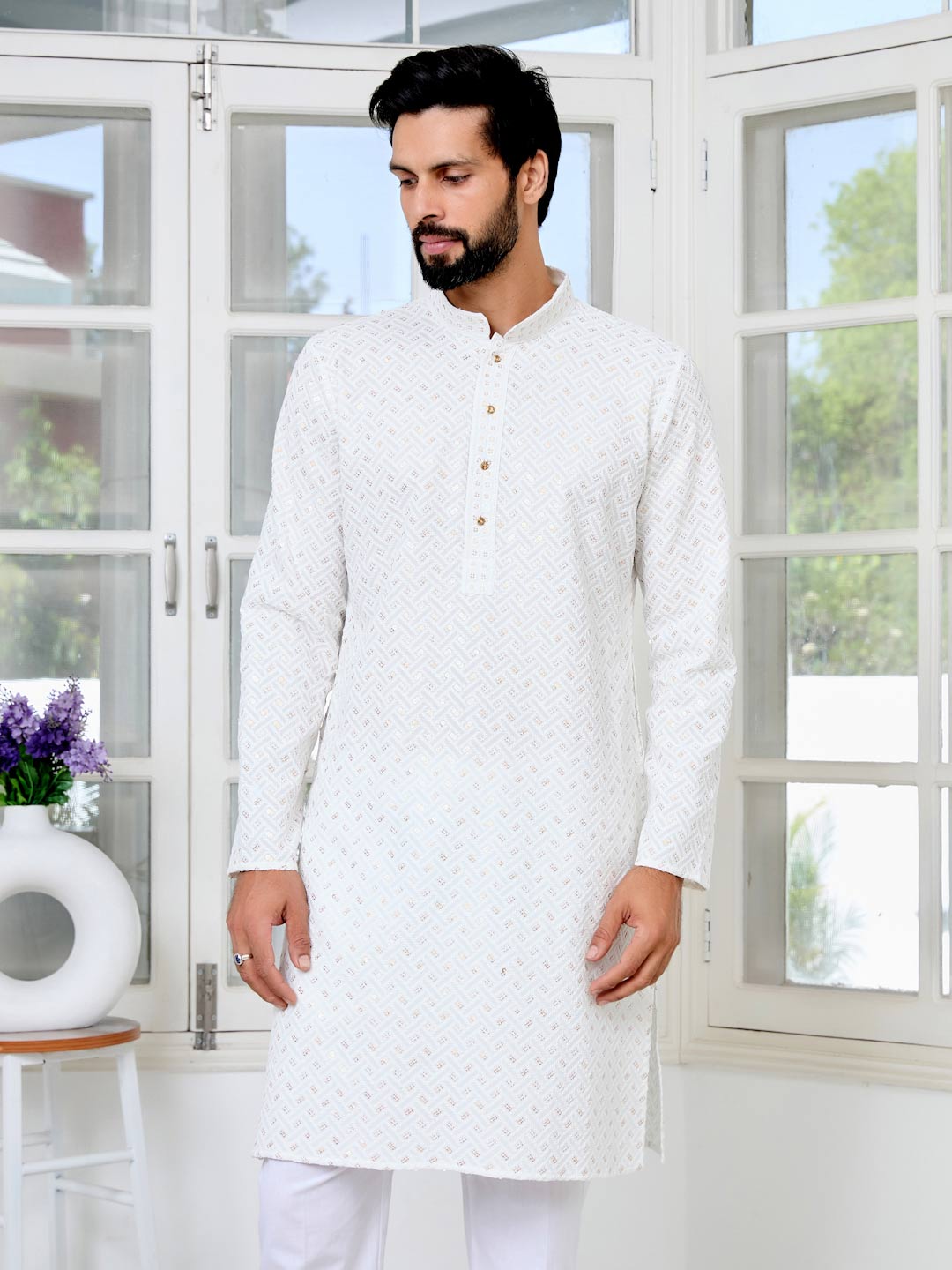 Men's White Embroidered Thread Work Sequinned Rayon Straight Kurta with Pyjama