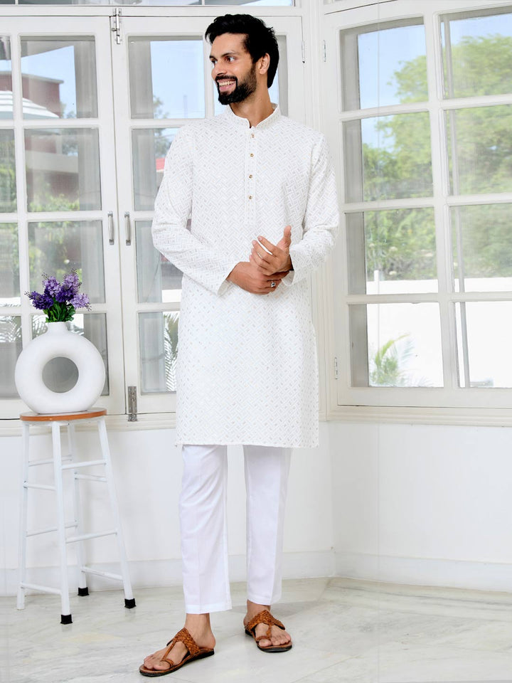 Men's White Embroidered Thread Work Sequinned Rayon Straight Kurta with Pyjama