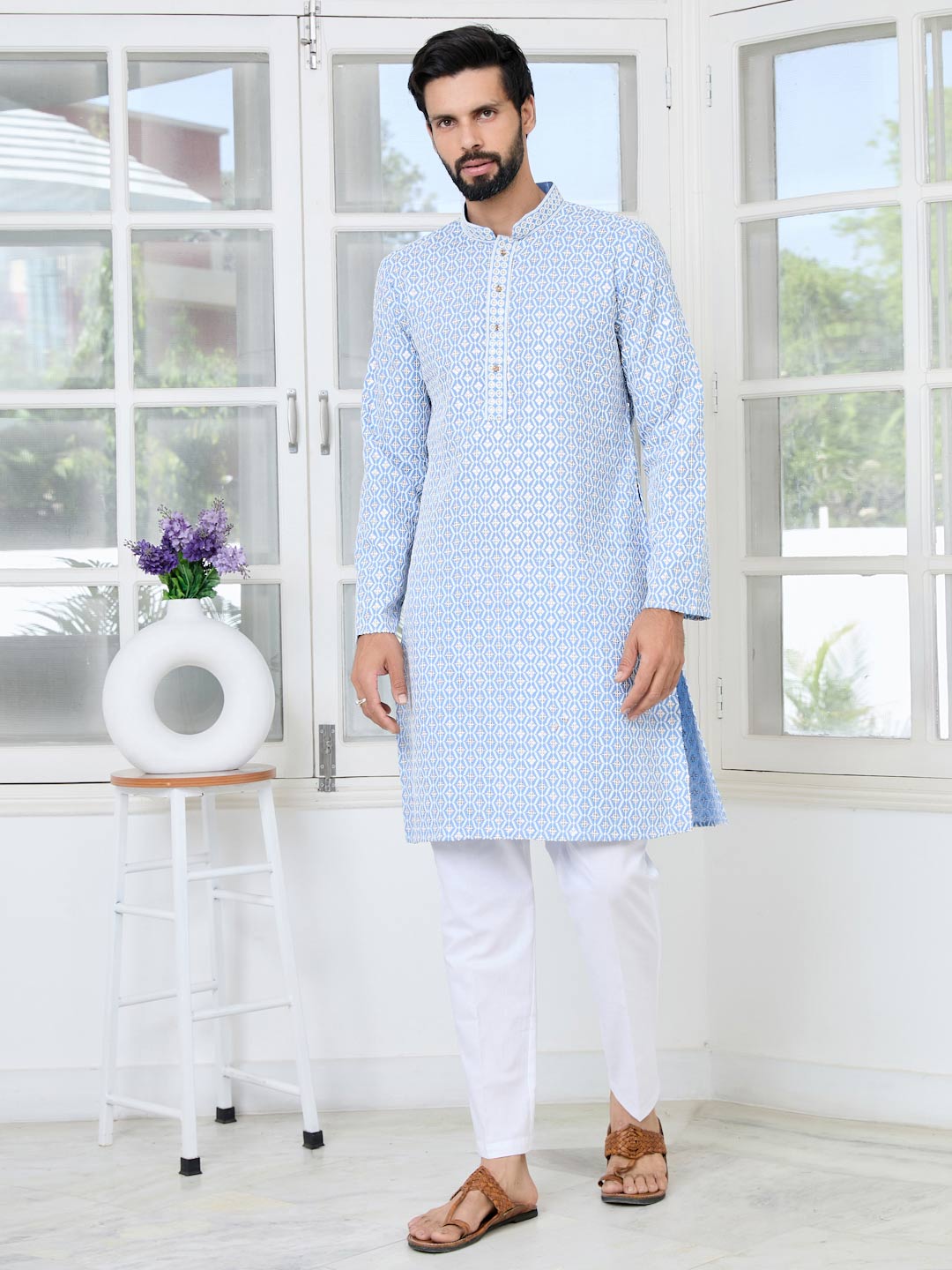 Men's Blue Embroidered Thread Work Sequinned Rayon Straight Kurta with Pyjama