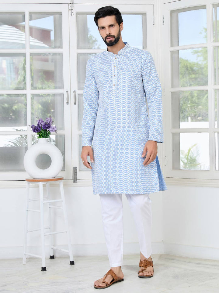 Men's Blue Embroidered Thread Work Sequinned Rayon Straight Kurta with Pyjama