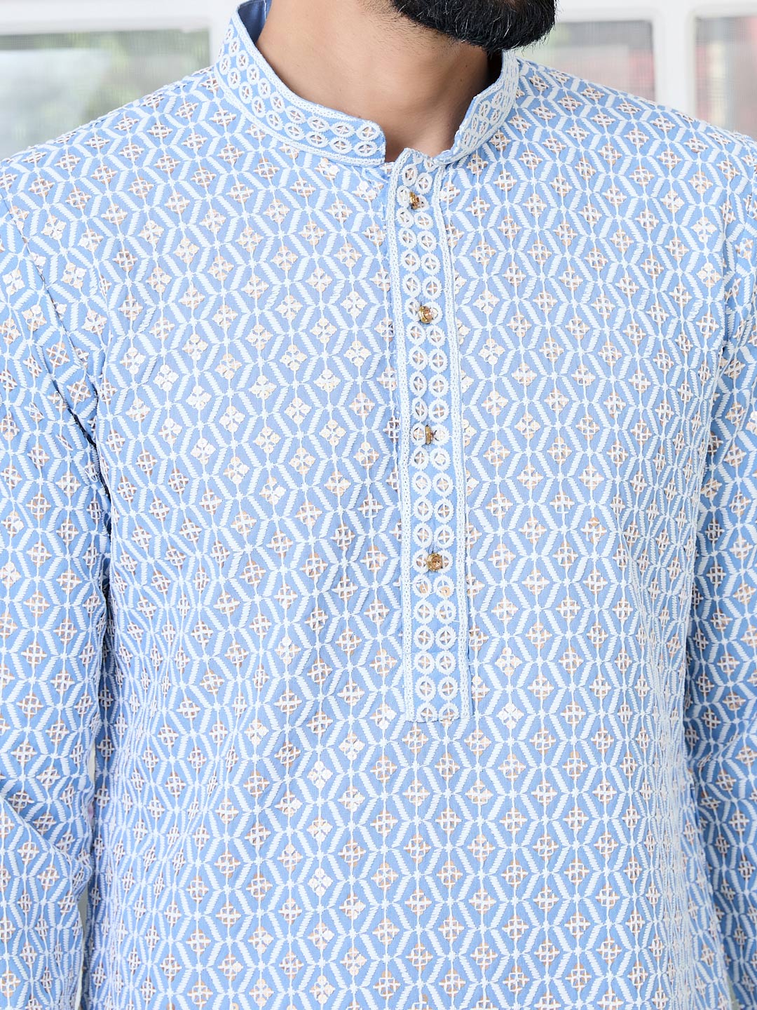 Men's Blue Embroidered Thread Work Sequinned Rayon Straight Kurta with Pyjama