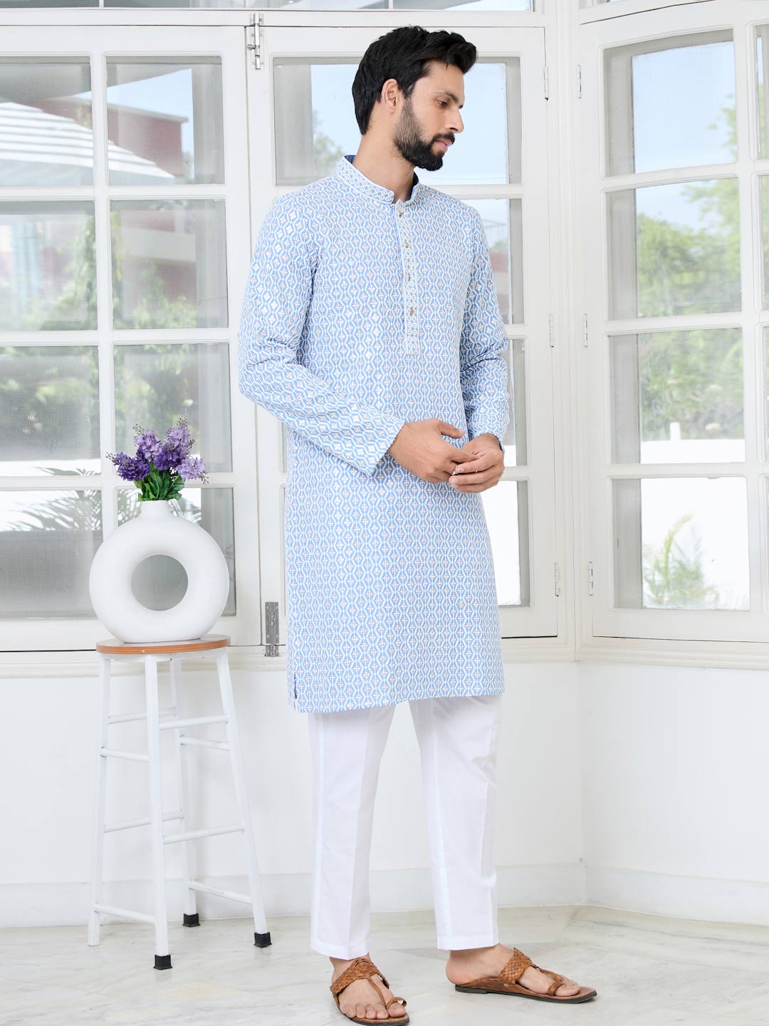 Men's Blue Embroidered Thread Work Sequinned Rayon Straight Kurta with Pyjama